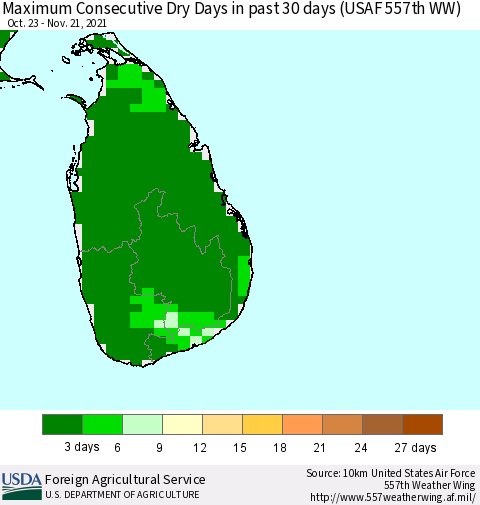 Sri Lanka Maximum Consecutive Dry Days in past 30 days (USAF 557th WW) 11/21/2021 Thematic Map For 11/15/2021 - 11/21/2021