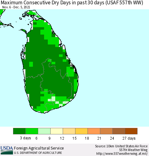 Sri Lanka Maximum Consecutive Dry Days in past 30 days (USAF 557th WW) 12/05/2021 Thematic Map For 11/29/2021 - 12/5/2021