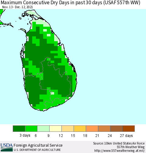 Sri Lanka Maximum Consecutive Dry Days in past 30 days (USAF 557th WW) 12/12/2021 Thematic Map For 12/6/2021 - 12/12/2021