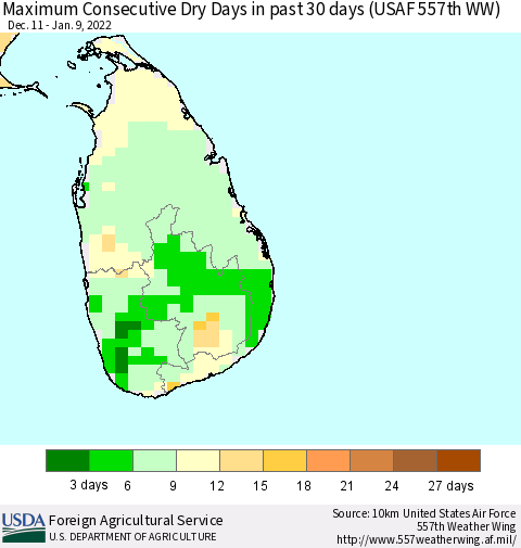 Sri Lanka Maximum Consecutive Dry Days in past 30 days (USAF 557th WW) 01/09/2022 Thematic Map For 1/3/2022 - 1/9/2022