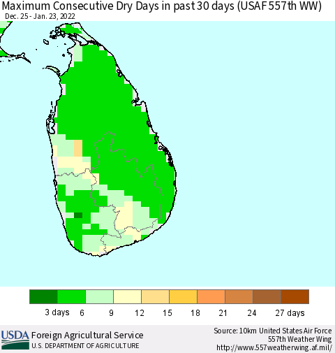 Sri Lanka Maximum Consecutive Dry Days in past 30 days (USAF 557th WW) 01/23/2022 Thematic Map For 1/17/2022 - 1/23/2022