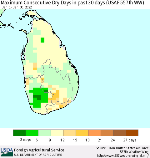 Sri Lanka Maximum Consecutive Dry Days in past 30 days (USAF 557th WW) 01/30/2022 Thematic Map For 1/24/2022 - 1/30/2022