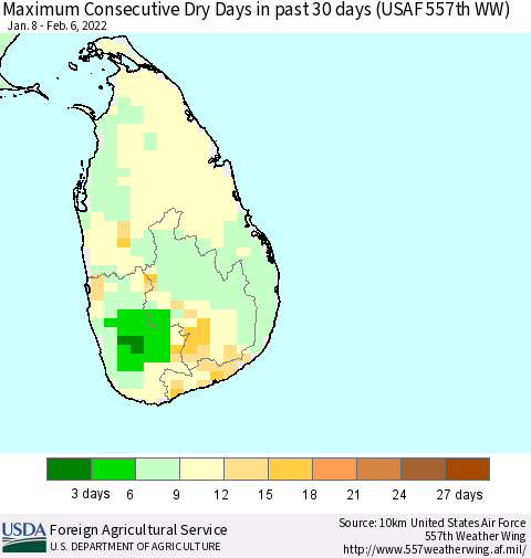 Sri Lanka Maximum Consecutive Dry Days in past 30 days (USAF 557th WW) 02/06/2022 Thematic Map For 1/31/2022 - 2/6/2022