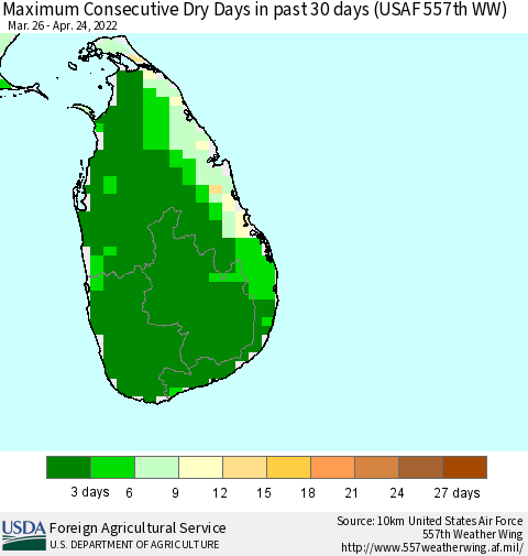 Sri Lanka Maximum Consecutive Dry Days in past 30 days (USAF 557th WW) 04/24/2022 Thematic Map For 4/18/2022 - 4/24/2022