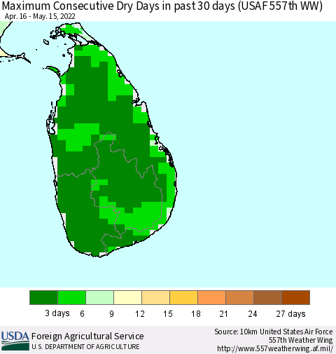 Sri Lanka Maximum Consecutive Dry Days in past 30 days (USAF 557th WW) 05/15/2022 Thematic Map For 5/9/2022 - 5/15/2022