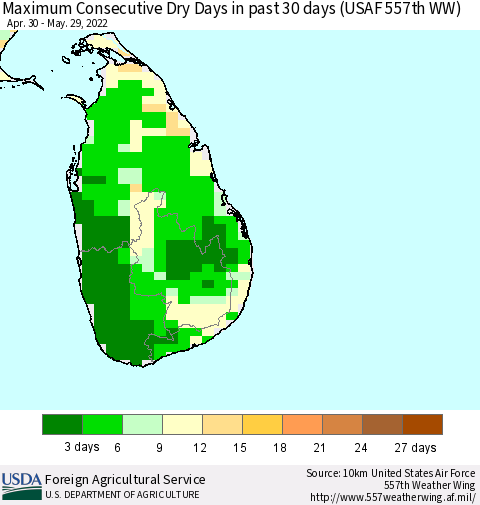 Sri Lanka Maximum Consecutive Dry Days in past 30 days (USAF 557th WW) 05/29/2022 Thematic Map For 5/23/2022 - 5/29/2022
