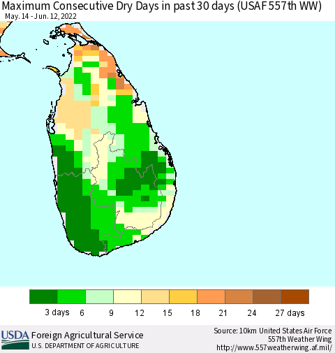 Sri Lanka Maximum Consecutive Dry Days in past 30 days (USAF 557th WW) 06/12/2022 Thematic Map For 6/6/2022 - 6/12/2022