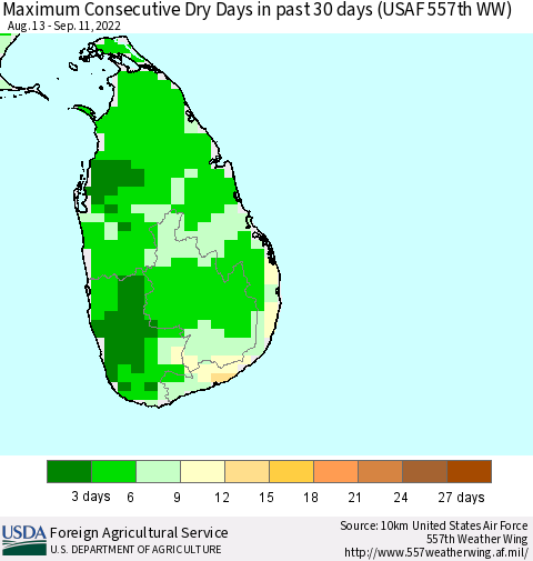 Sri Lanka Maximum Consecutive Dry Days in past 30 days (USAF 557th WW) 09/11/2022 Thematic Map For 9/5/2022 - 9/11/2022
