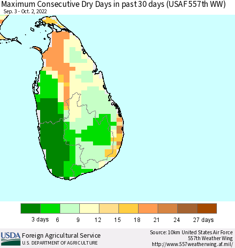 Sri Lanka Maximum Consecutive Dry Days in past 30 days (USAF 557th WW) 10/02/2022 Thematic Map For 9/26/2022 - 10/2/2022
