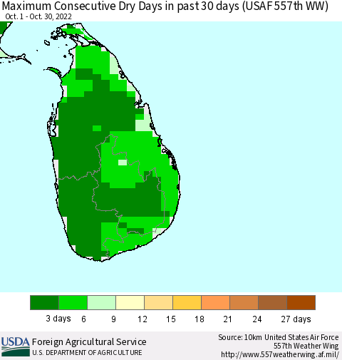 Sri Lanka Maximum Consecutive Dry Days in past 30 days (USAF 557th WW) 10/30/2022 Thematic Map For 10/24/2022 - 10/30/2022