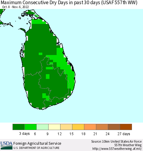 Sri Lanka Maximum Consecutive Dry Days in past 30 days (USAF 557th WW) 11/06/2022 Thematic Map For 10/31/2022 - 11/6/2022