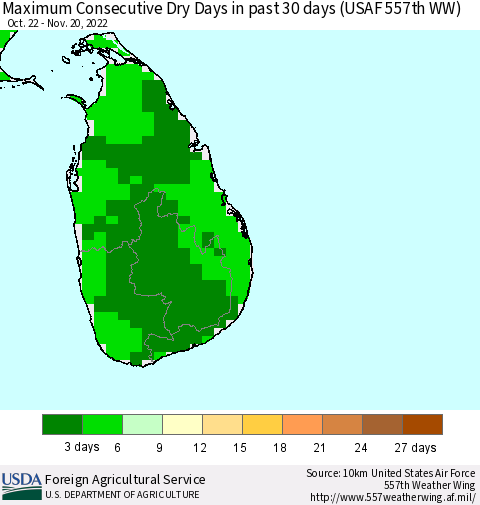 Sri Lanka Maximum Consecutive Dry Days in past 30 days (USAF 557th WW) 11/20/2022 Thematic Map For 11/14/2022 - 11/20/2022
