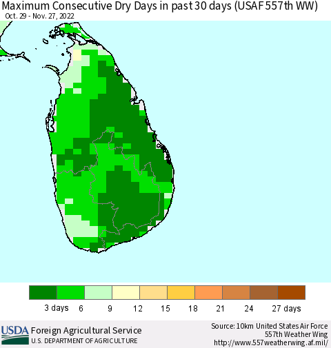 Sri Lanka Maximum Consecutive Dry Days in past 30 days (USAF 557th WW) 11/27/2022 Thematic Map For 11/21/2022 - 11/27/2022