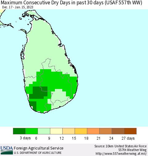 Sri Lanka Maximum Consecutive Dry Days in past 30 days (USAF 557th WW) 01/15/2023 Thematic Map For 1/9/2023 - 1/15/2023