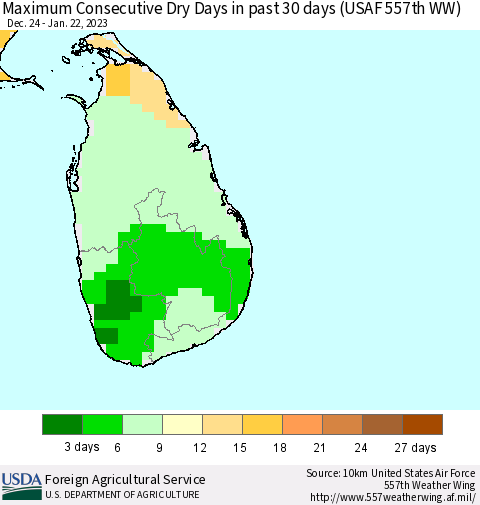 Sri Lanka Maximum Consecutive Dry Days in past 30 days (USAF 557th WW) 01/22/2023 Thematic Map For 1/16/2023 - 1/22/2023