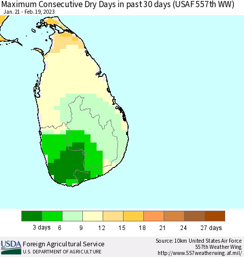 Sri Lanka Maximum Consecutive Dry Days in past 30 days (USAF 557th WW) 02/19/2023 Thematic Map For 2/13/2023 - 2/19/2023