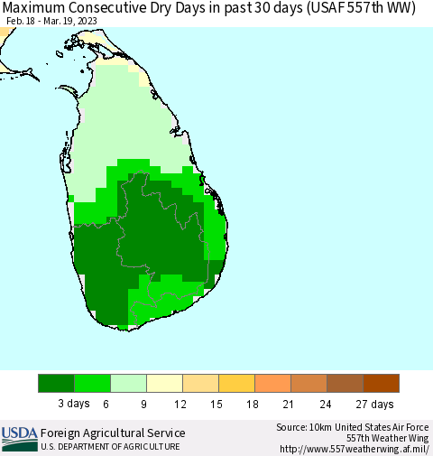 Sri Lanka Maximum Consecutive Dry Days in past 30 days (USAF 557th WW) 03/19/2023 Thematic Map For 3/13/2023 - 3/19/2023