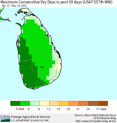 Sri Lanka Maximum Consecutive Dry Days in past 30 days (USAF 557th WW) 05/14/2023 Thematic Map For 5/8/2023 - 5/14/2023