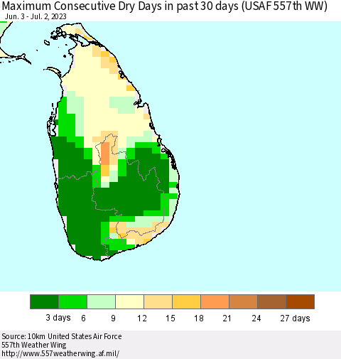 Sri Lanka Maximum Consecutive Dry Days in past 30 days (USAF 557th WW) 07/02/2023 Thematic Map For 6/26/2023 - 7/2/2023
