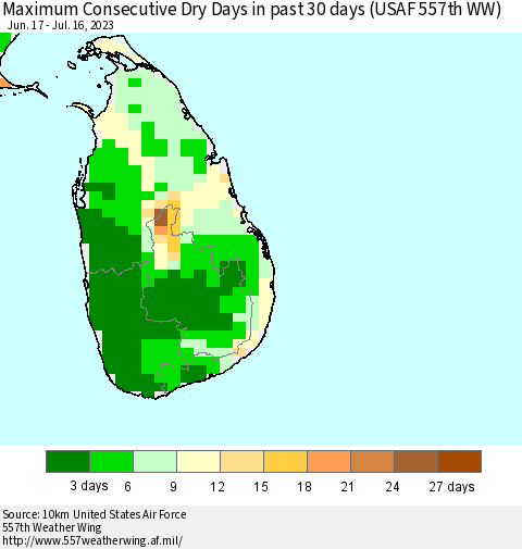 Sri Lanka Maximum Consecutive Dry Days in past 30 days (USAF 557th WW) 07/16/2023 Thematic Map For 7/10/2023 - 7/16/2023