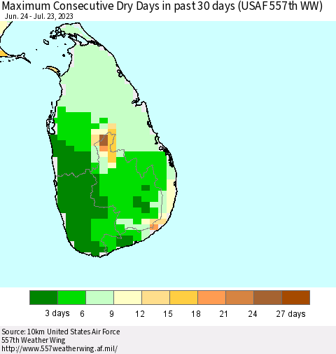 Sri Lanka Maximum Consecutive Dry Days in past 30 days (USAF 557th WW) 07/23/2023 Thematic Map For 7/17/2023 - 7/23/2023