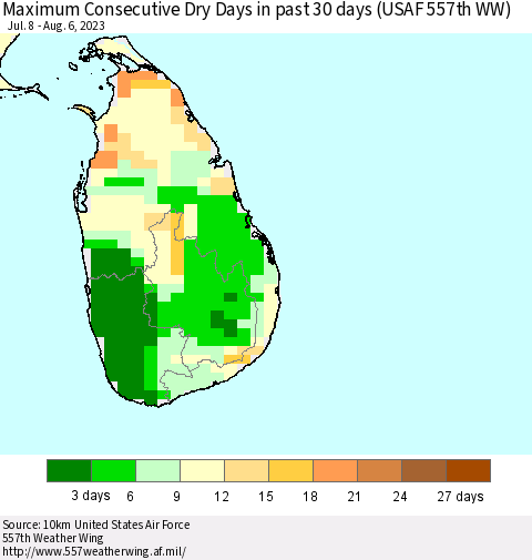 Sri Lanka Maximum Consecutive Dry Days in past 30 days (USAF 557th WW) 08/06/2023 Thematic Map For 7/31/2023 - 8/6/2023