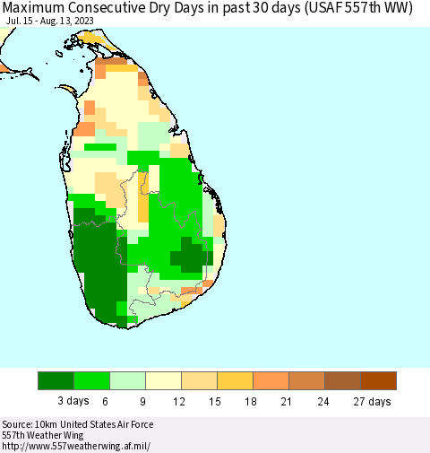 Sri Lanka Maximum Consecutive Dry Days in past 30 days (USAF 557th WW) 08/13/2023 Thematic Map For 8/7/2023 - 8/13/2023