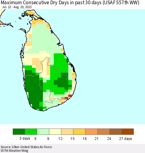 Sri Lanka Maximum Consecutive Dry Days in past 30 days (USAF 557th WW) 08/20/2023 Thematic Map For 8/14/2023 - 8/20/2023