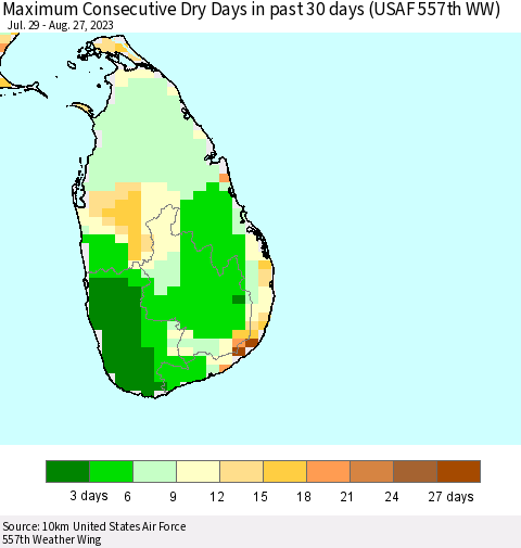 Sri Lanka Maximum Consecutive Dry Days in past 30 days (USAF 557th WW) 08/27/2023 Thematic Map For 8/21/2023 - 8/27/2023