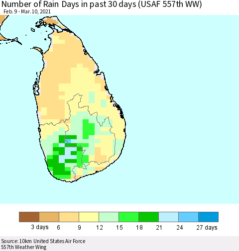 Sri Lanka Number of Rain Days in past 30 days (USAF 557th WW) 03/10/2021 Thematic Map For 3/6/2021 - 3/10/2021