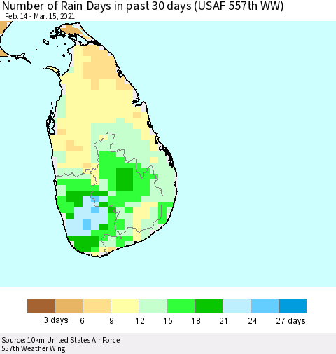 Sri Lanka Number of Rain Days in past 30 days (USAF 557th WW) 03/15/2021 Thematic Map For 3/11/2021 - 3/15/2021