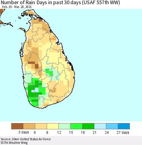 Sri Lanka Number of Rain Days in past 30 days (USAF 557th WW) 03/20/2021 Thematic Map For 3/16/2021 - 3/20/2021