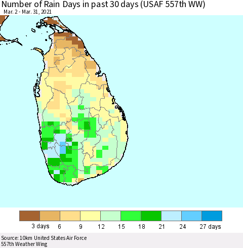Sri Lanka Number of Rain Days in past 30 days (USAF 557th WW) 03/31/2021 Thematic Map For 3/26/2021 - 3/31/2021