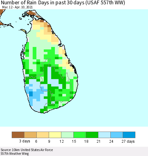 Sri Lanka Number of Rain Days in past 30 days (USAF 557th WW) 04/10/2021 Thematic Map For 4/6/2021 - 4/10/2021