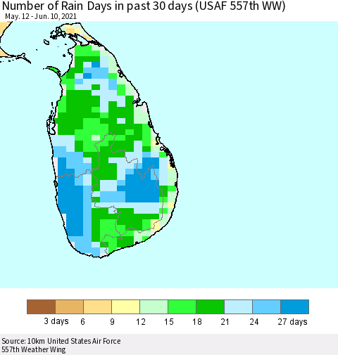 Sri Lanka Number of Rain Days in past 30 days (USAF 557th WW) 06/10/2021 Thematic Map For 6/6/2021 - 6/10/2021