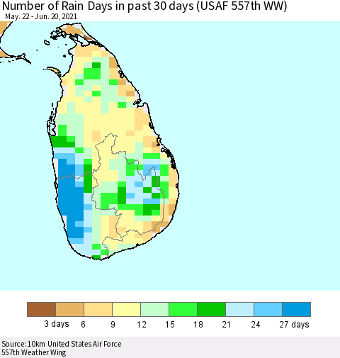 Sri Lanka Number of Rain Days in past 30 days (USAF 557th WW) 06/20/2021 Thematic Map For 6/16/2021 - 6/20/2021