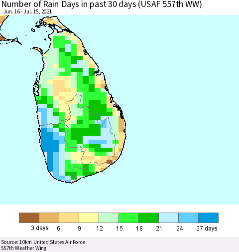 Sri Lanka Number of Rain Days in past 30 days (USAF 557th WW) 07/15/2021 Thematic Map For 7/11/2021 - 7/15/2021