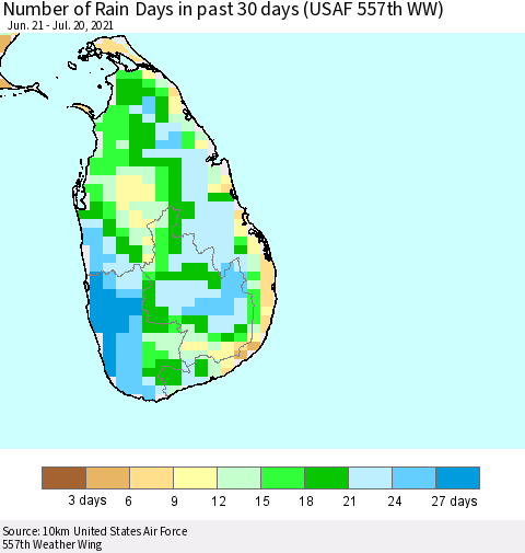 Sri Lanka Number of Rain Days in past 30 days (USAF 557th WW) 07/20/2021 Thematic Map For 7/16/2021 - 7/20/2021
