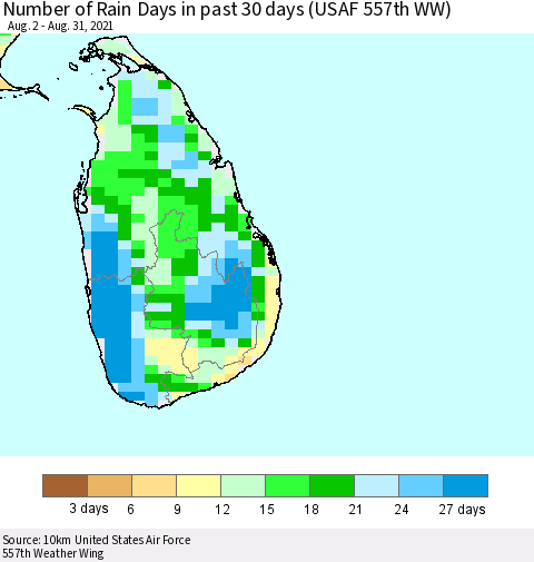 Sri Lanka Number of Rain Days in past 30 days (USAF 557th WW) 08/31/2021 Thematic Map For 8/26/2021 - 8/31/2021