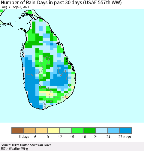 Sri Lanka Number of Rain Days in past 30 days (USAF 557th WW) 09/05/2021 Thematic Map For 9/1/2021 - 9/5/2021