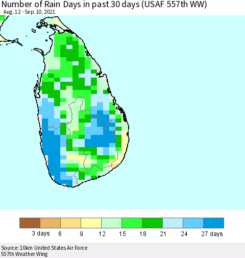 Sri Lanka Number of Rain Days in past 30 days (USAF 557th WW) 09/10/2021 Thematic Map For 9/6/2021 - 9/10/2021