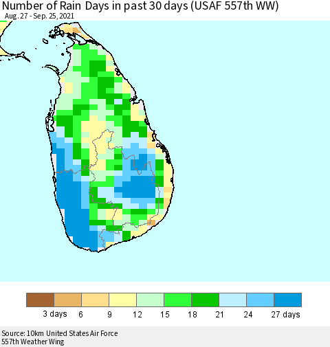 Sri Lanka Number of Rain Days in past 30 days (USAF 557th WW) 09/25/2021 Thematic Map For 9/21/2021 - 9/25/2021