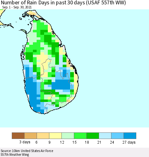Sri Lanka Number of Rain Days in past 30 days (USAF 557th WW) 09/30/2021 Thematic Map For 9/26/2021 - 9/30/2021