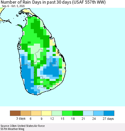 Sri Lanka Number of Rain Days in past 30 days (USAF 557th WW) 10/05/2021 Thematic Map For 10/1/2021 - 10/5/2021