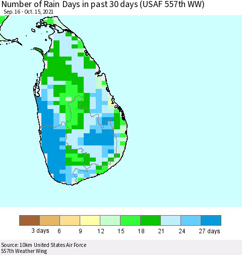 Sri Lanka Number of Rain Days in past 30 days (USAF 557th WW) 10/15/2021 Thematic Map For 10/11/2021 - 10/15/2021