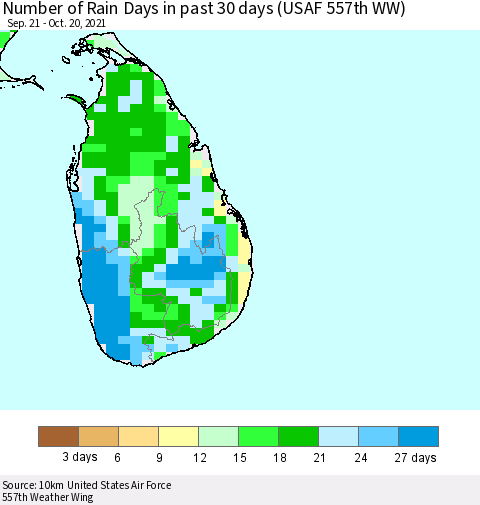 Sri Lanka Number of Rain Days in past 30 days (USAF 557th WW) 10/20/2021 Thematic Map For 10/16/2021 - 10/20/2021