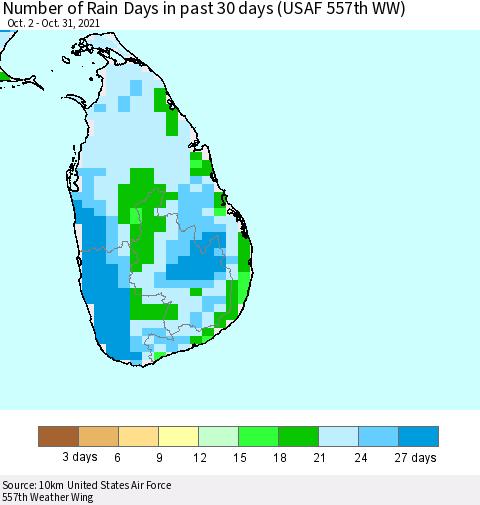 Sri Lanka Number of Rain Days in past 30 days (USAF 557th WW) 10/31/2021 Thematic Map For 10/26/2021 - 10/31/2021
