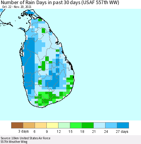 Sri Lanka Number of Rain Days in past 30 days (USAF 557th WW) 11/20/2021 Thematic Map For 11/16/2021 - 11/20/2021