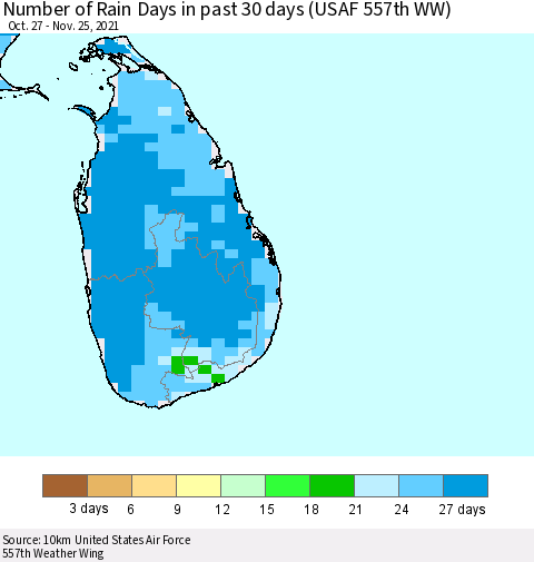 Sri Lanka Number of Rain Days in past 30 days (USAF 557th WW) 11/25/2021 Thematic Map For 11/21/2021 - 11/25/2021