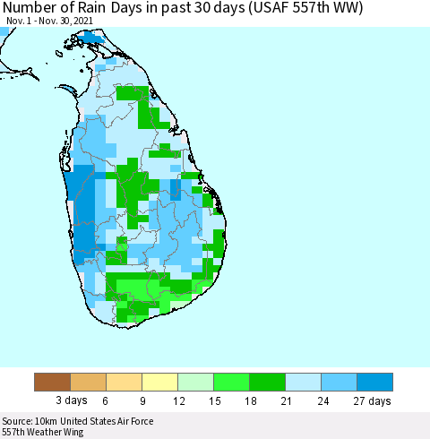 Sri Lanka Number of Rain Days in past 30 days (USAF 557th WW) 11/30/2021 Thematic Map For 11/26/2021 - 11/30/2021
